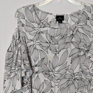 Women's WORTHINGTON, White/Black Floral, Cold Shoulder Chiffon Tunic; Size XLT